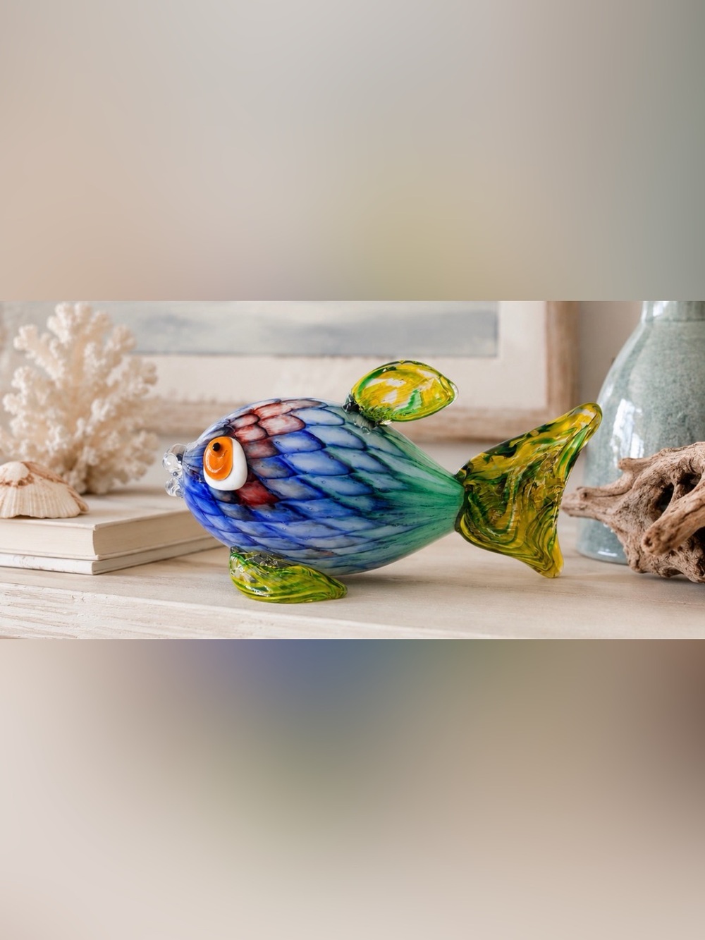 Handblown Art Glass Fish Figurine 9” Blue Green Yellow Coastal Ocean Decor